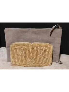 Vintage Champagne Soft Gold Beaded Pearl Clutch  w/ Dust Bag Made In Japan